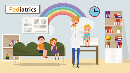 Pediatrician Measuring Boy Temperature Flat Cartoon Banner Vector Illustartion. Pediatric Department in Hospital. Woman Doctor Examining Child. Children Waiting On Sofa with Thermometer.