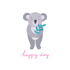 Koala standing and holding eucalyptus branch vector illustration. Cute grey animal bear greeting card