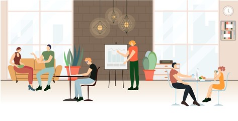 Advertising Banner Office Life, Cartoon Flat. Project Support and Information Gathering. Men and Women Spend Time and Communicate in Office. Presentation Teamwork. Vector Illustration.