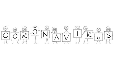 Vector cartoon stick figure drawing conceptual illustration of group of people wearing face masks and holding coronavirus pandemic signs. Infection and epidemic concept.