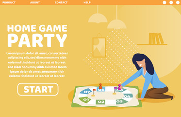 Bright Banner is Written Home Game Party Cartoon. Time Management and Home Leisure. Flat Poster Cheerful Girl Sitting on Floor and Playing an Economic Board Game. Vector Illustration.