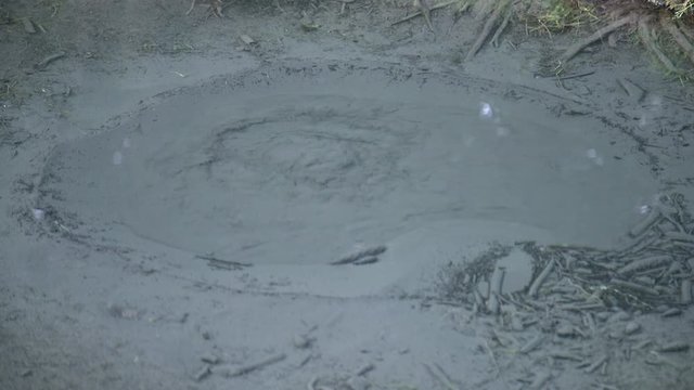 Abstract view of drinkable erupting fresh water source in nature. Natural crystal clear water comes from underground and makes the sand boil. Boiling sand pure water stream in nature
