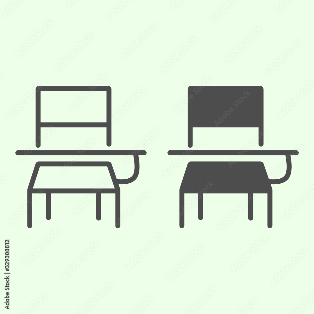 Poster school desk line and solid icon. classroom student table and chair outline style pictogram on white 