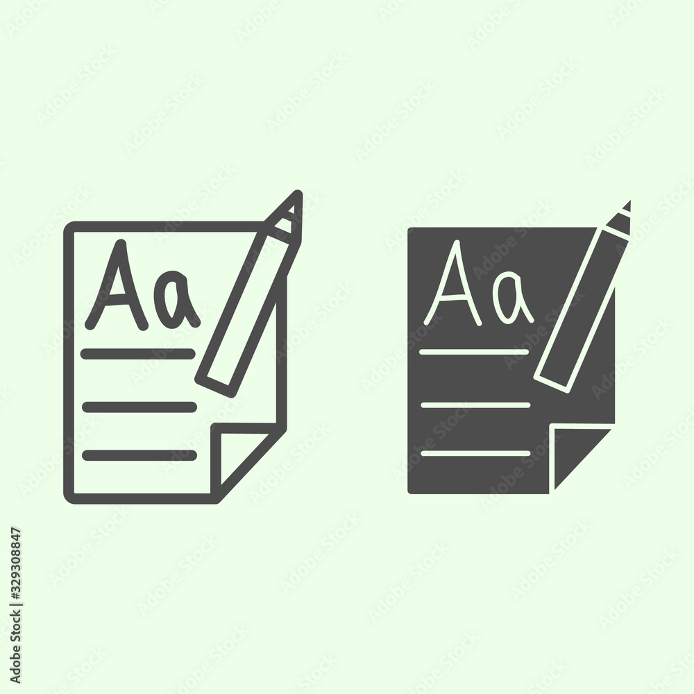 Poster school file and pencil line and solid icon. paper sheet with first letters learning outline style pi