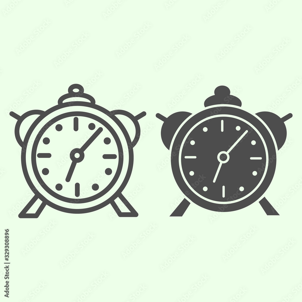 Poster alarm clock line and solid icon. classic retro table clock outline style pictogram on white backgrou