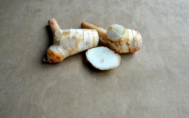 Galangal (Alpinia Galanga, Kaempferia galanga) on the brown clothing background