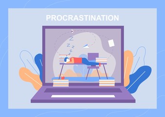Procrastination Metaphor Banner with Bored Sleepy Man Lying on Office Desk. Vector Huge Laptop Monitor with Lazy Businessman Avoiding Work. Professionally Burned out Cartoon Guy Character
