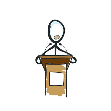 Public speech of a president or mair. Lecture for audience. Stand and micrphone. Hand drawn. Stickman cartoon. Doodle sketch, Vector graphic illustration