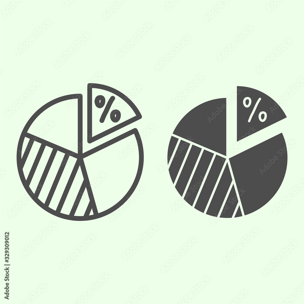Poster circular diagram line and solid icon. pie chart with percent sign outline style pictogram on white b
