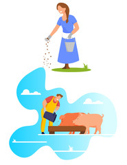 Woman Pouring Grain from Bucket on Ground, Feed Chicken, Farmer Feeding Pigs Put Food in Trough, Livestock, Domestic Animal Husbandry, Natural Eco Farm Production, Cartoon Flat Vector Illustration