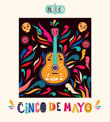 Mexico illustration with guitar. Vector illustration with design for Mexican holiday 5 may Cinco De Mayo. Vector template with Mexican symbols: Mexican guitar, flowers, red pepper, skull