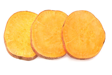 sliced sweet potatoes isolated on white background top view