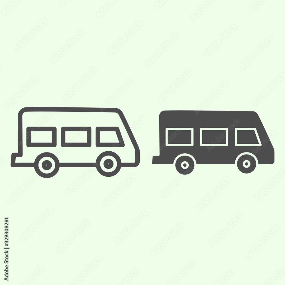 Poster school bus line and solid icon. retro minibus outline style pictogram on white background. school va