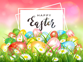 Pink Nature Background with Colorful Easter Eggs and Card