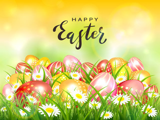 Yellow Nature Background with Colorful Easter Eggs and Card