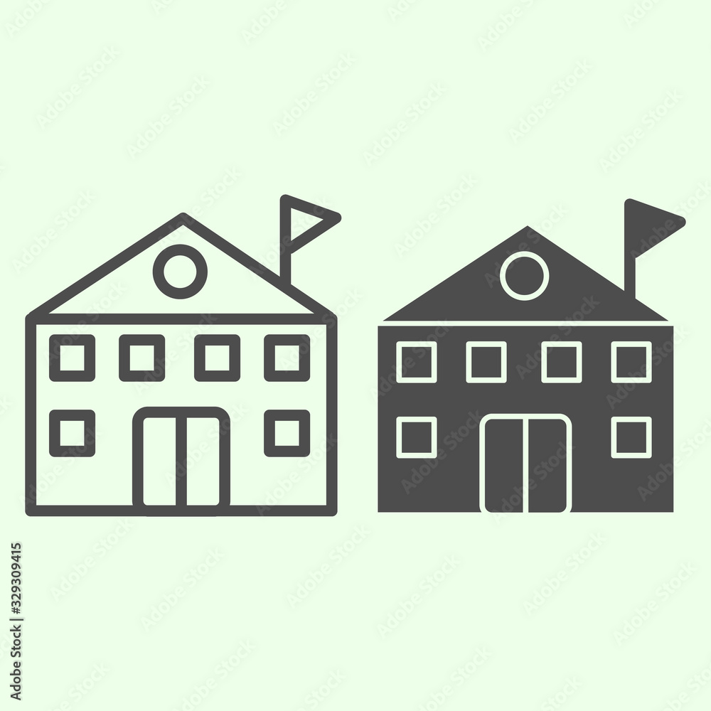 Poster school building and solid line icon. high educational institution with flag outline style pictogram 