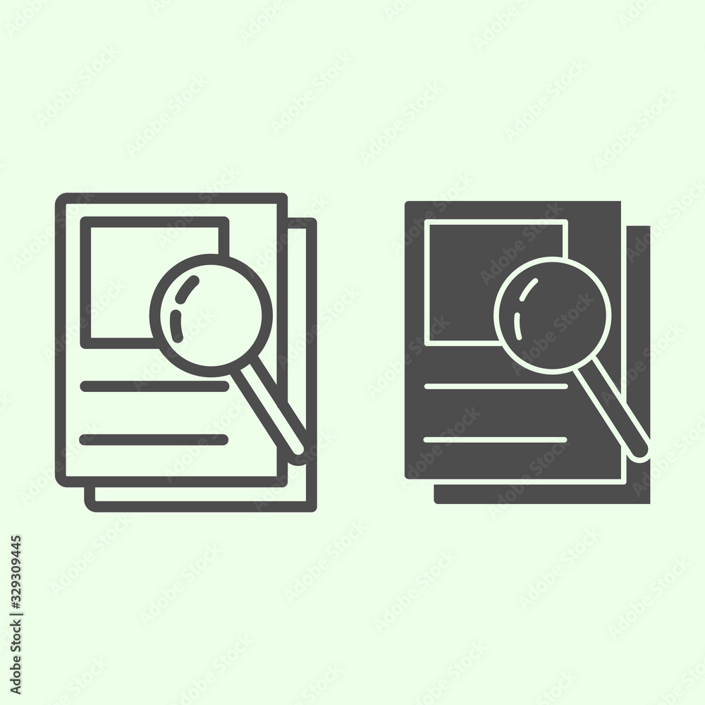 Poster document search line and solid icon. audit files and loupe on papers outline style pictogram on whit