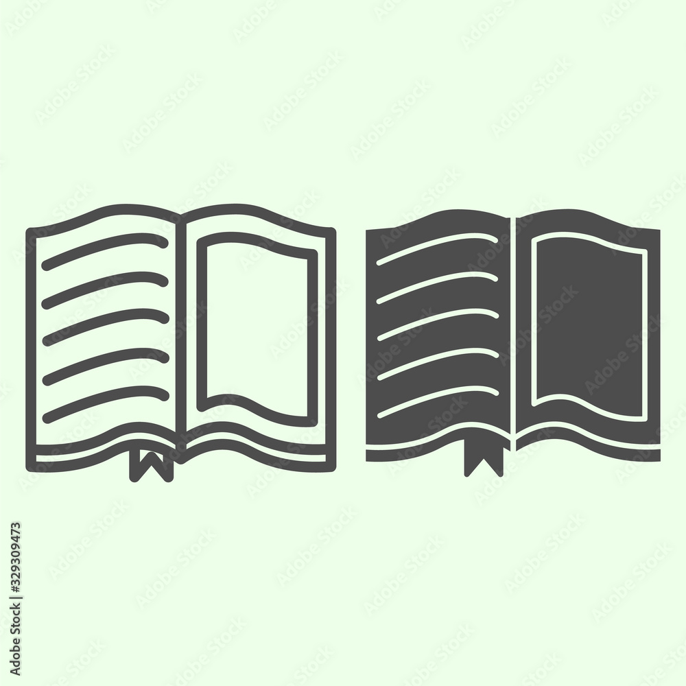 Poster open book line and solid icon. school study textbook with text and frame outline style pictogram on 