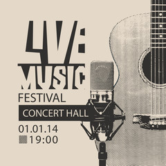 Vector poster for a live music festival or concert with a guitar, microphone and place for text in retro style. Suitable for flyer, playbill, banner, invitation, advertisement