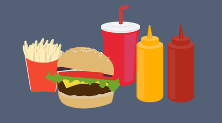 Vector Isolated Illustration of a Hamburger, Ketchup and Mustard, Fries and Beverage