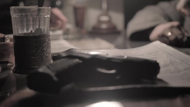NKVD officer interrogates a prisoner