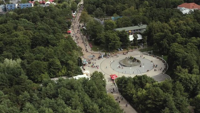 PALANGA, LITHUANIA - JULY, 2019: Aerial panorama view of the most popular street of Palanga and the fountain.