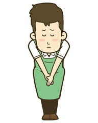 頭をさげるエプロンの男性　正面