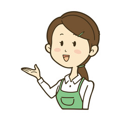案内するエプロンの女性　笑顔