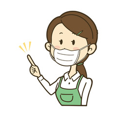 指を差すエプロンの女性　マスク