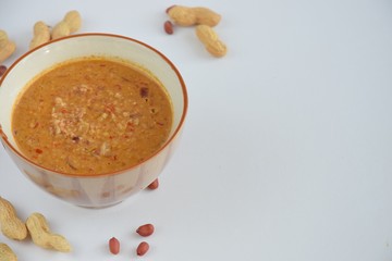 Peanut sauce or Bumbu Kacang, made from ground roasted or fried peanuts with chili, garlic, soy sauce, tamarind and spices