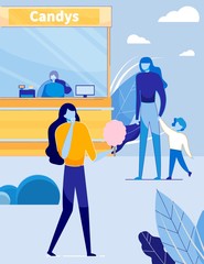Candies Booth in Park or Public Walking Zone. People Cartoon Characters at Weekend or Vacation Time Walking and Eating Pink Candy Floss on Summer Landscape Background. Flat Vector Illustration.