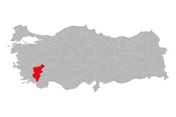 Denizli province highlighted on turkey map vector. Gray background.
