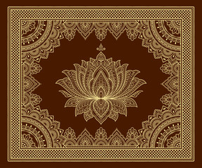 Stylized with henna tattoo decorative pattern for decorating covers book, notebook, casket, postcard and folder. Mandala, Lotus flower and border in mehndi style. Frame in the eastern tradition.