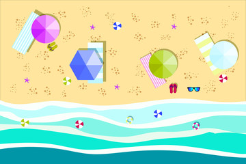 Naklejka premium Summer sunny beach with umbrellas. Sea waves Top view. Travel, vacation, holidays concept