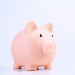 Financial concpet - Piggy bank, beautiful red white wooden house model on white background, saving money to buy insurance, close up, copy space.