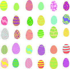 Sweet colorful colored eggs set. Happy Easter funny eggs stock vector illustration for children spring holidays cute stickers. Dufferent colors and size painted eggs isolated on white. One of a series