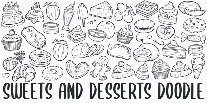 Sweets and Desserts Doodle Line Art Illustration. Hand Drawn Vector Clip Art. Banner Set Logos.
