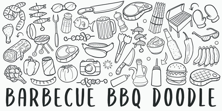 BBQ Barbecue Doodle Line Art Illustration. Hand Drawn Vector Clip Art. Banner Set Logos.