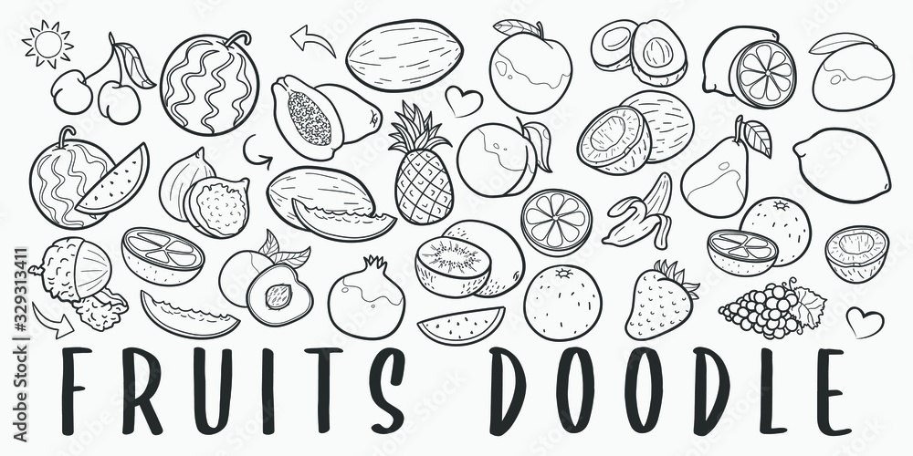 Poster fruits food doodle line art illustration. hand drawn vector clip art. banner set logos.