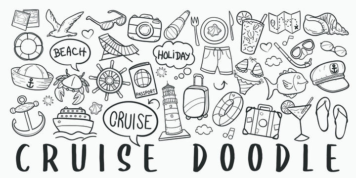 Cruise Vacations Doodle Line Art Illustration. Hand Drawn Vector Clip Art. Banner Set Logos.
