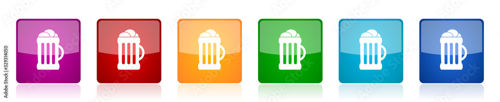 Aufkleber beer icon set, colorful square glossy vector illustrations in 6 options for web design and mobile ap