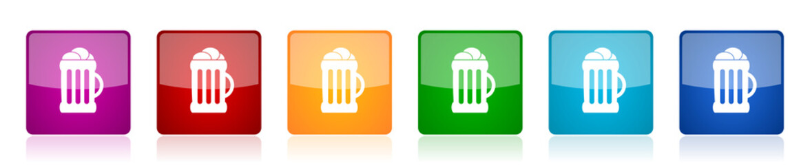 Beer icon set, colorful square glossy vector illustrations in 6 options for web design and mobile applications