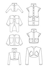 technical sketches of futuristic models of jackets, coats, boleros and trench coats with large pockets and a designer collar - obrazy, fototapety, plakaty