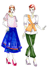 two fashion sketches of women's clothing colorful dress and pantsuit for office. Fashion hand drawn illustration woman clothing industry. Fashion design sketch concept clothing  illustration markers