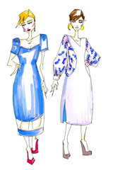 two models sketches of women's clothing for the office in romantic white-blue style. Fashion hand drawn illustration woman clothing industry. Fashion design sketch concept clothing  illustration art