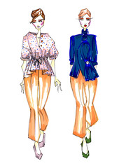 two models of fashion sketches with breeches and blue office blouse. Fashion hand drawn illustration woman clothing industry. Fashion design sketch concept clothing  illustration markers