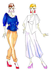two models of fashion sketches with breeches and blue office blouse. Fashion hand drawn illustration woman clothing industry. Fashion design sketch concept clothing  illustration markers