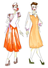 two sketches of women's clothing for classy casual work in mustard yellow colors. Fashion hand drawn illustration woman clothing industry. Fashion design sketch concept clothing  illustration markers