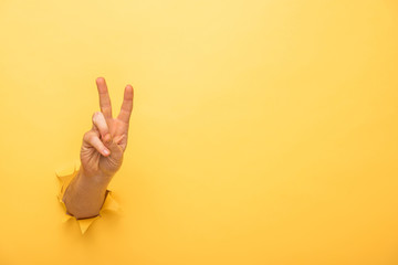 cropped view of man showing peace sign through yellow paper hole