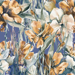 Spring Flowers Seamless Pattern. Watercoolor Background.
